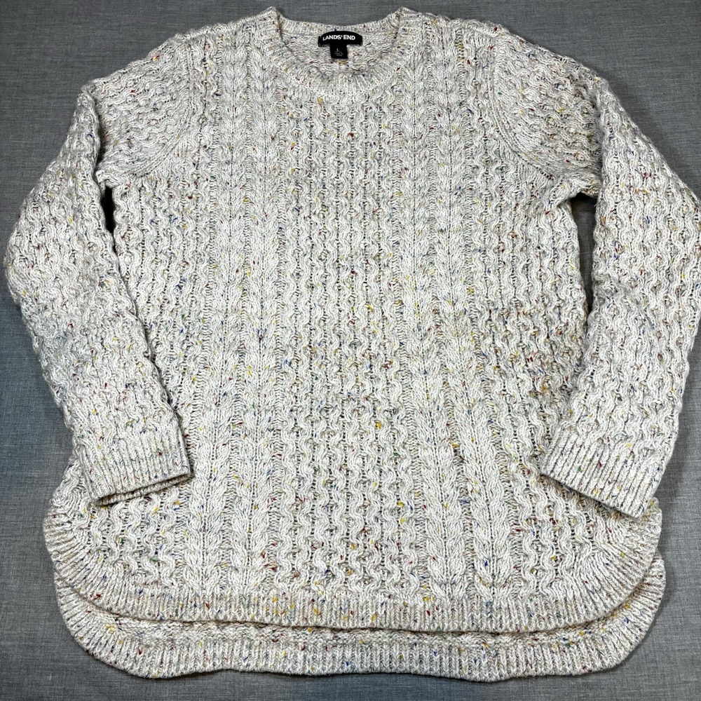 Lands End Womens Large Cream Confetti Sprinkle Cable Knit Wool Blend Sweater